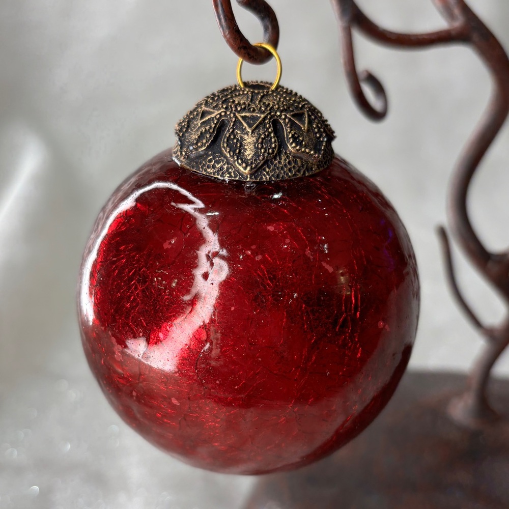 Vtg Heavy Mercury Crackle Glass Cranberry Christmas Ornament Mirrored KugelGlass